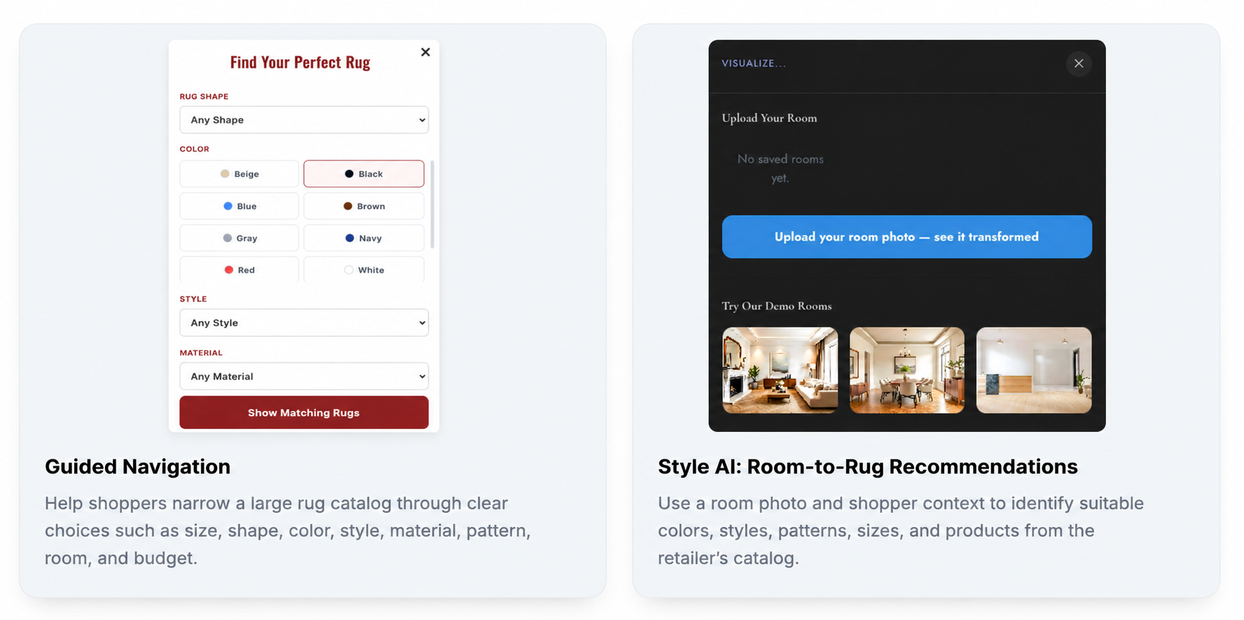 Guided Navigation and Style AI room-to-rug recommendation interfaces