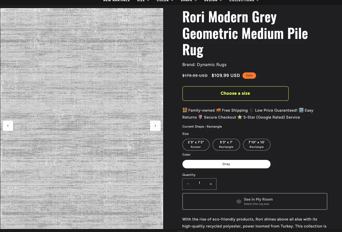 Rug product page with size, price, product information, and See in My Room action
