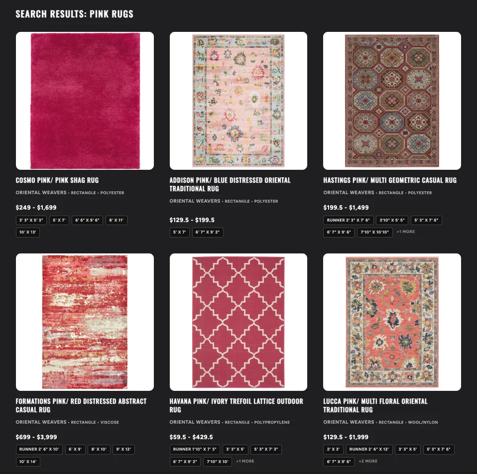 Pink rug search results showing available sizes and price ranges