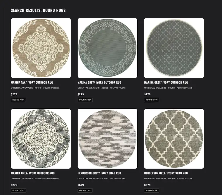 Shape-aware search results showing round rugs with exact images and prices