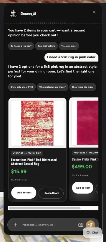 Discovery-AI AI Rug Shopping Assistant showing product recommendations and actions
