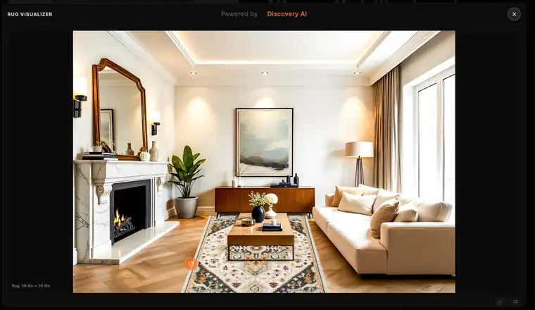 Discovery-AI Visualizer displaying a selected rug in a furnished room